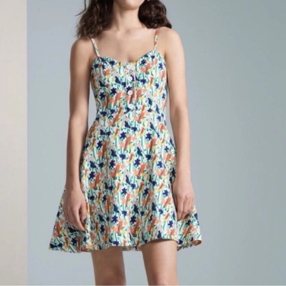 Alice + Olivia 4 Nella Sun Dress Fit Flare Bird Parrot Print Mini Button NWOT - Picture 1 of 7